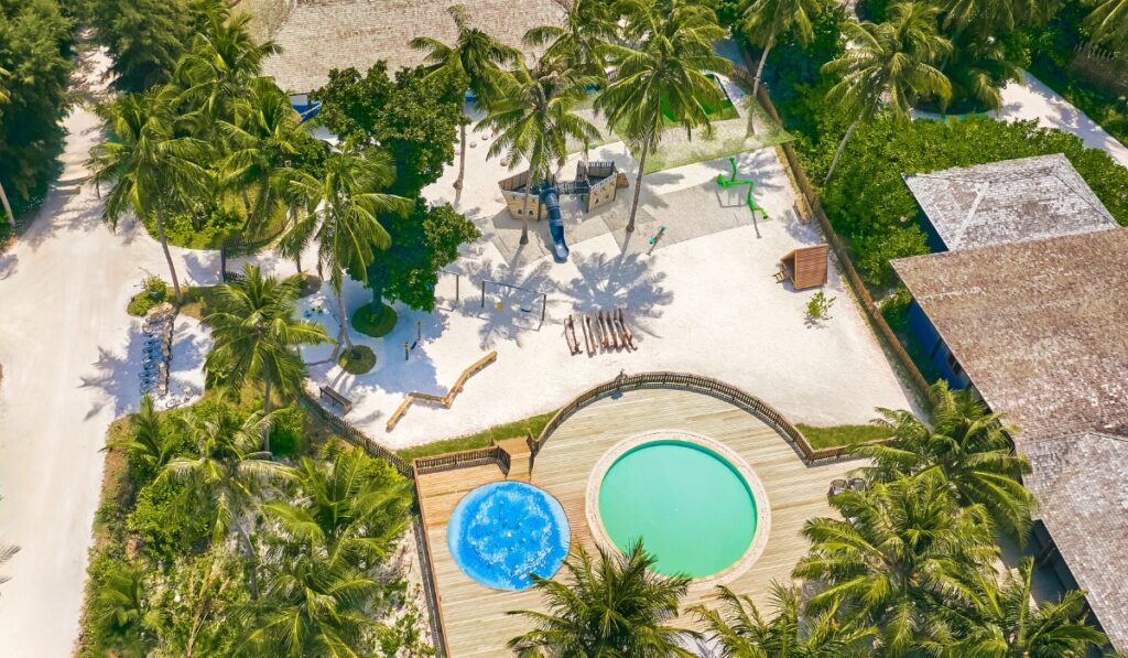Birds-eye view of the Jawa Kids Club, the outdoor play area and wadding pool
