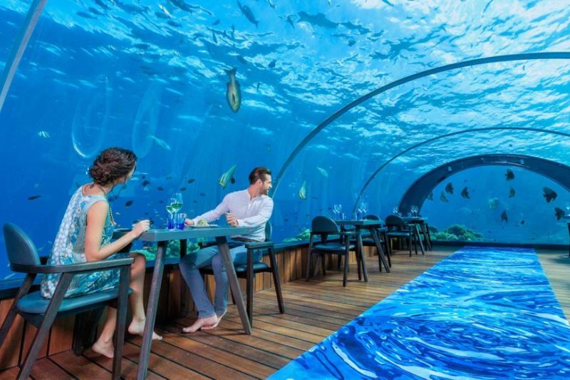 The all-glass 5.8 Undersea Restaurant at Hurawalhi Island Maldives